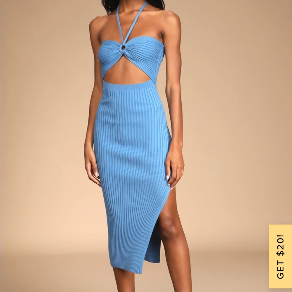 Leading the Trends Blue Ribbed Knit Cutout Halter Midi Dress